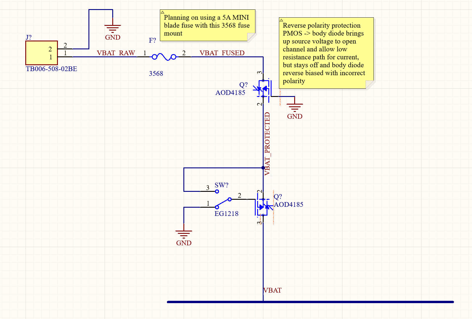 Altium schematic showing the DriveWire battery input fuse, reverse-polarity PMOS, and PMOS-controlled main power switch
