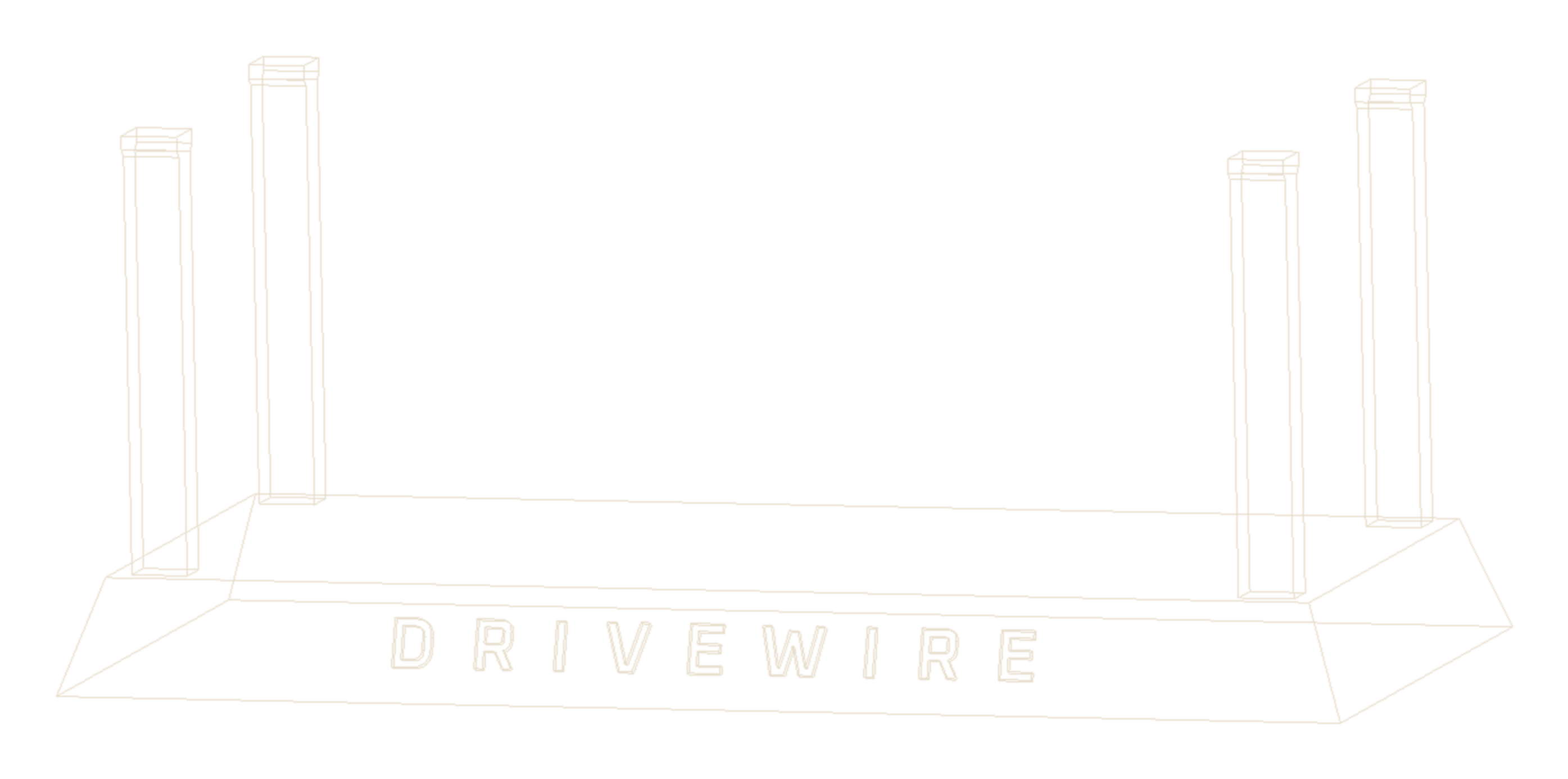 Wireframe render of the custom DriveWire support stand CAD model with engraved lettering