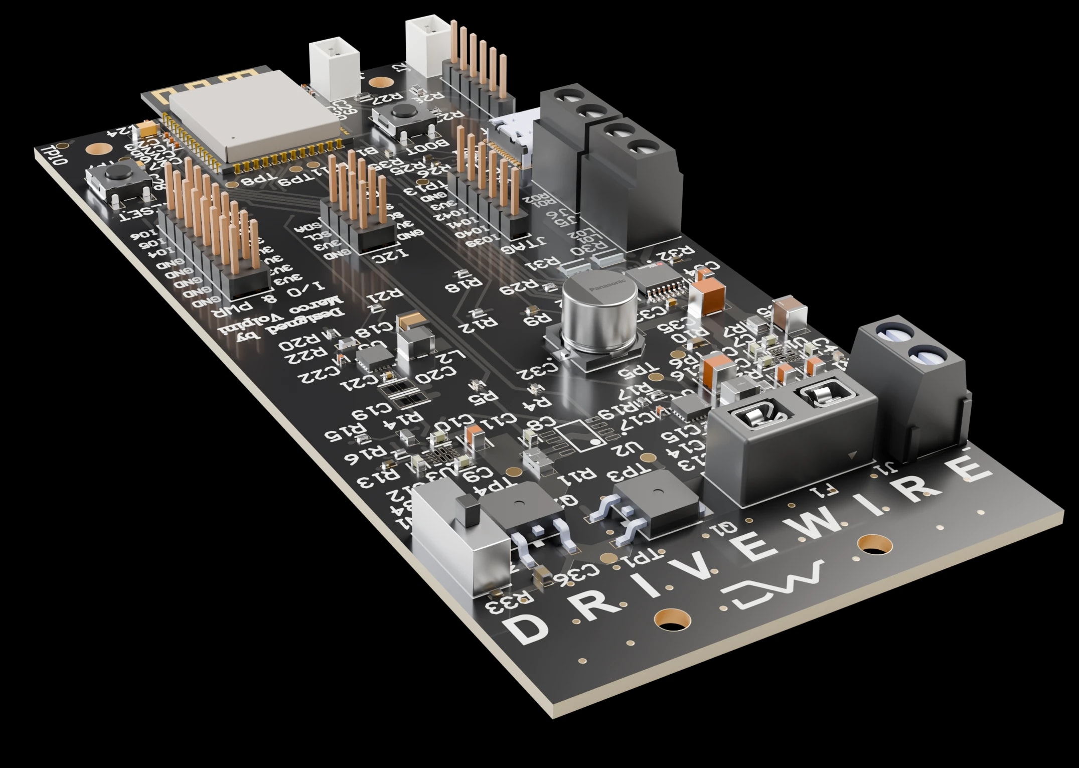 Render of the DriveWire PCB Marco laid out in Altium, power-input end first: the DRIVEWIRE silkscreen, fuse holder, terminal blocks and buck stages, with the ESP32-S3 module at the far end