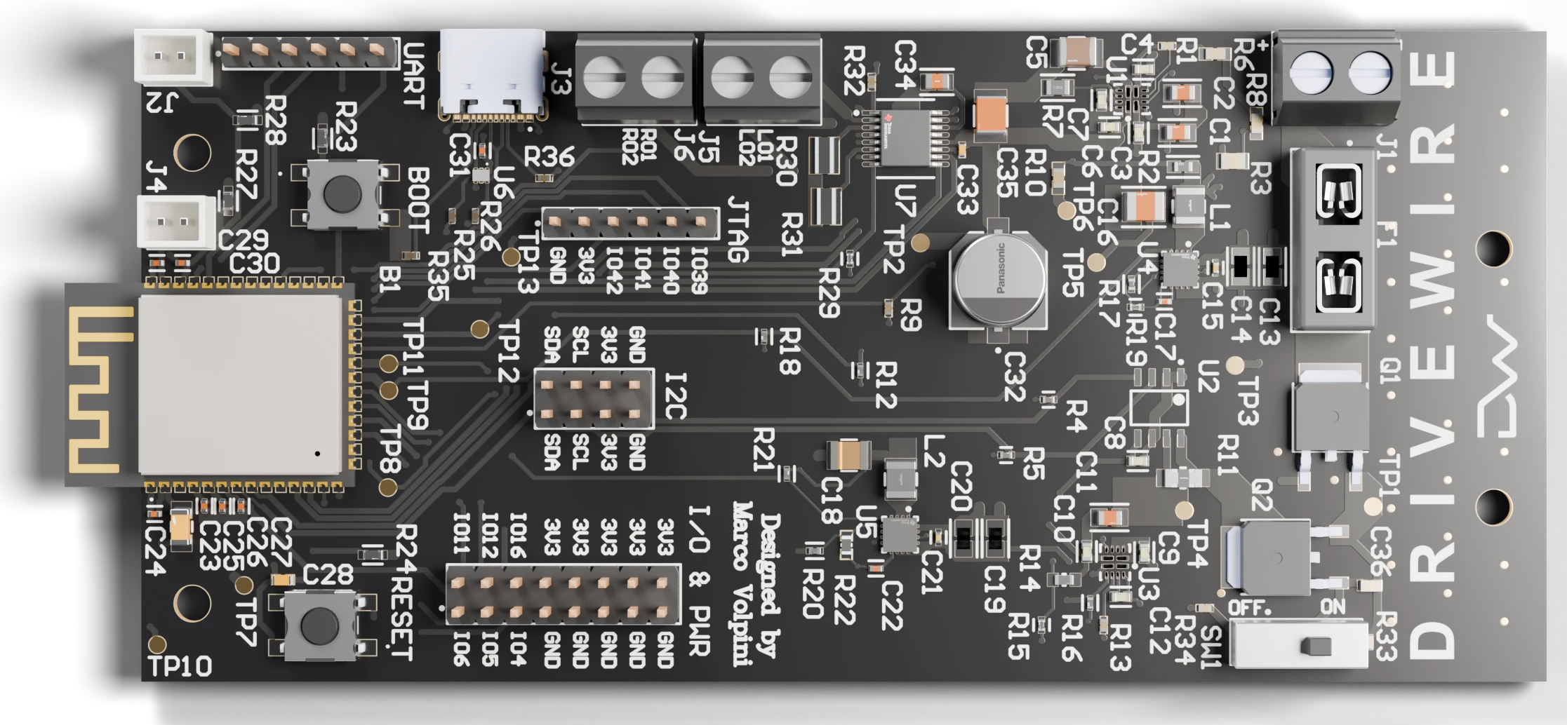 Overhead render of the DriveWire PCB: ESP32-S3 module and headers on the left, buck stages in the middle, the protected battery input with fuse, PMOS switches and slide switch on the right
