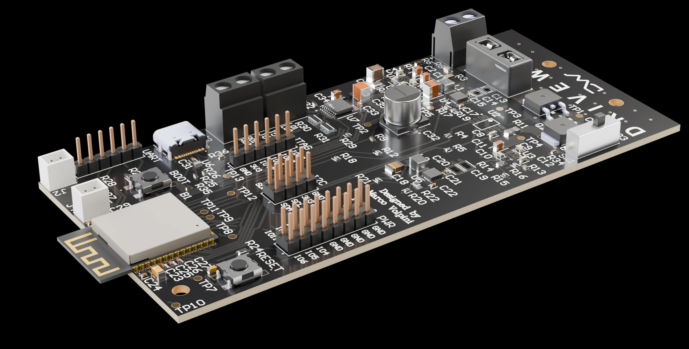Render of the DriveWire PCB from the long side, showing the terminal blocks, pin headers and USB-C connector