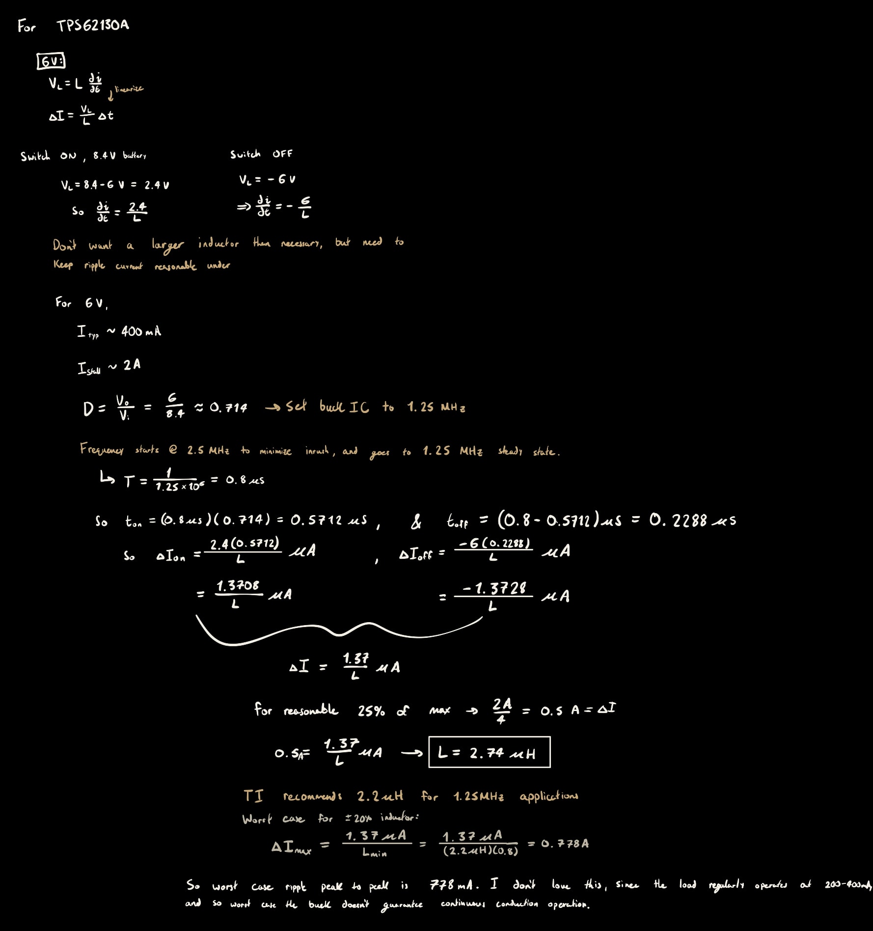 Marco's handwritten calculations: 6 V · inductor from the ripple current