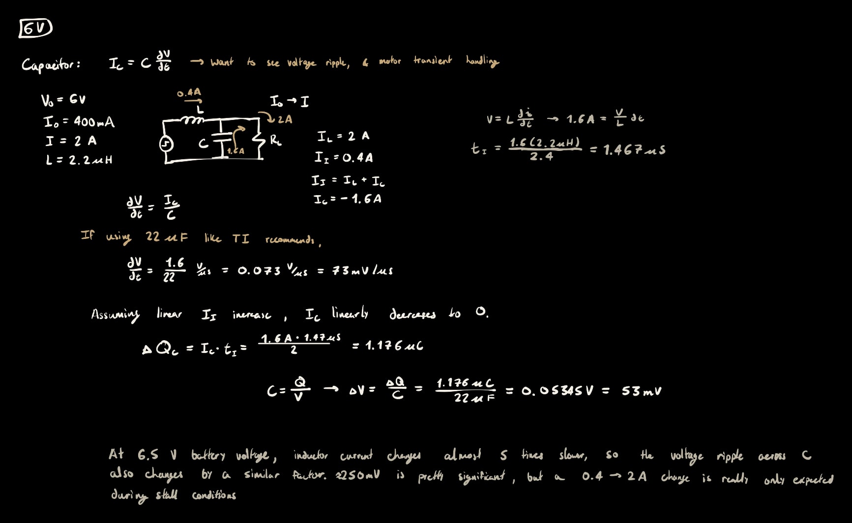 Marco's handwritten calculations: 6 V · output capacitor and the stall step