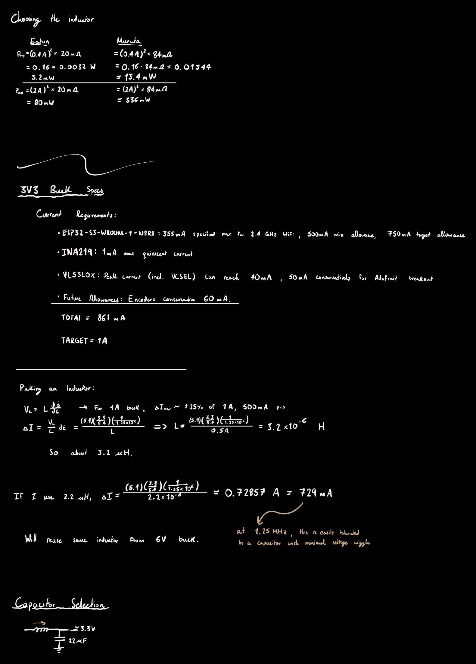 Marco's handwritten calculations: Inductor losses · 3.3 V current budget