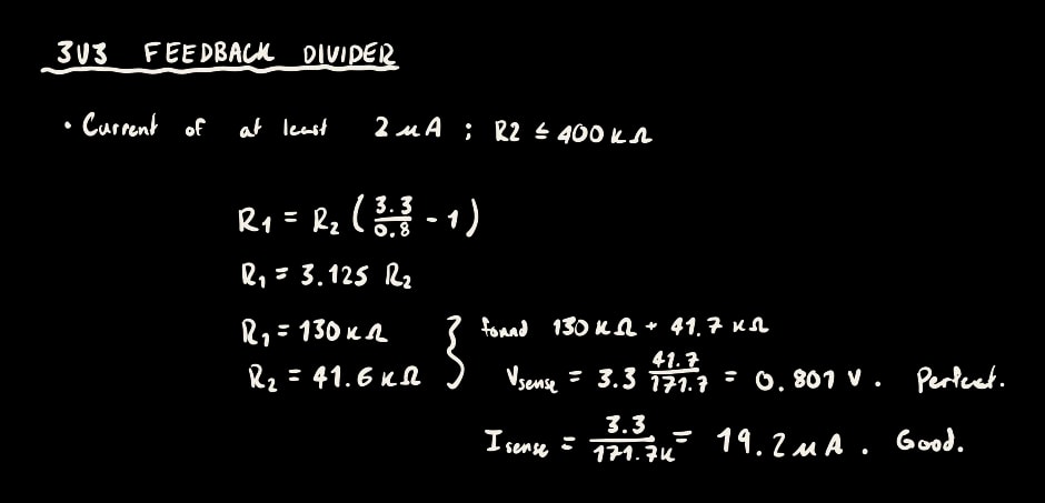 Marco's handwritten calculations: 3.3 V · feedback divider